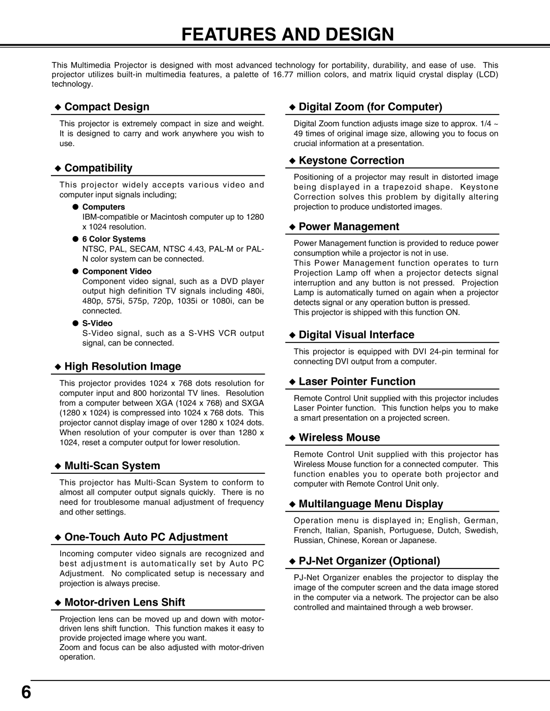 Sanyo PLC-XP55L owner manual Features and Design, Compact Design Digital Zoom for Computer 