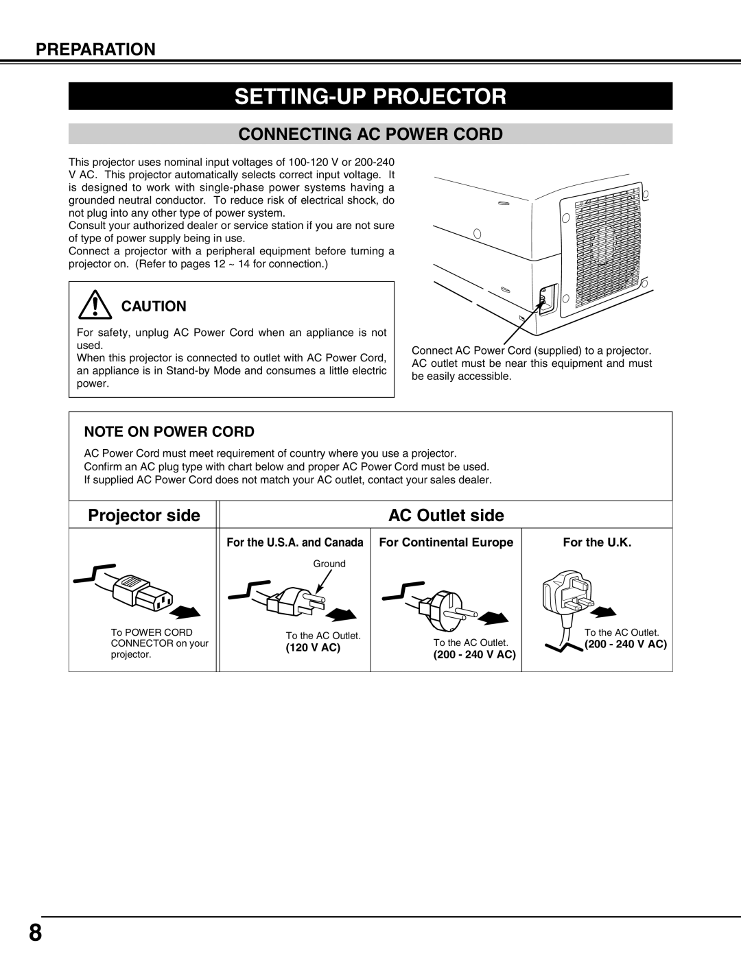 Sanyo PLC-XP55L owner manual SETTING-UP Projector, Connecting AC Power Cord, For Continental Europe For the U.K 