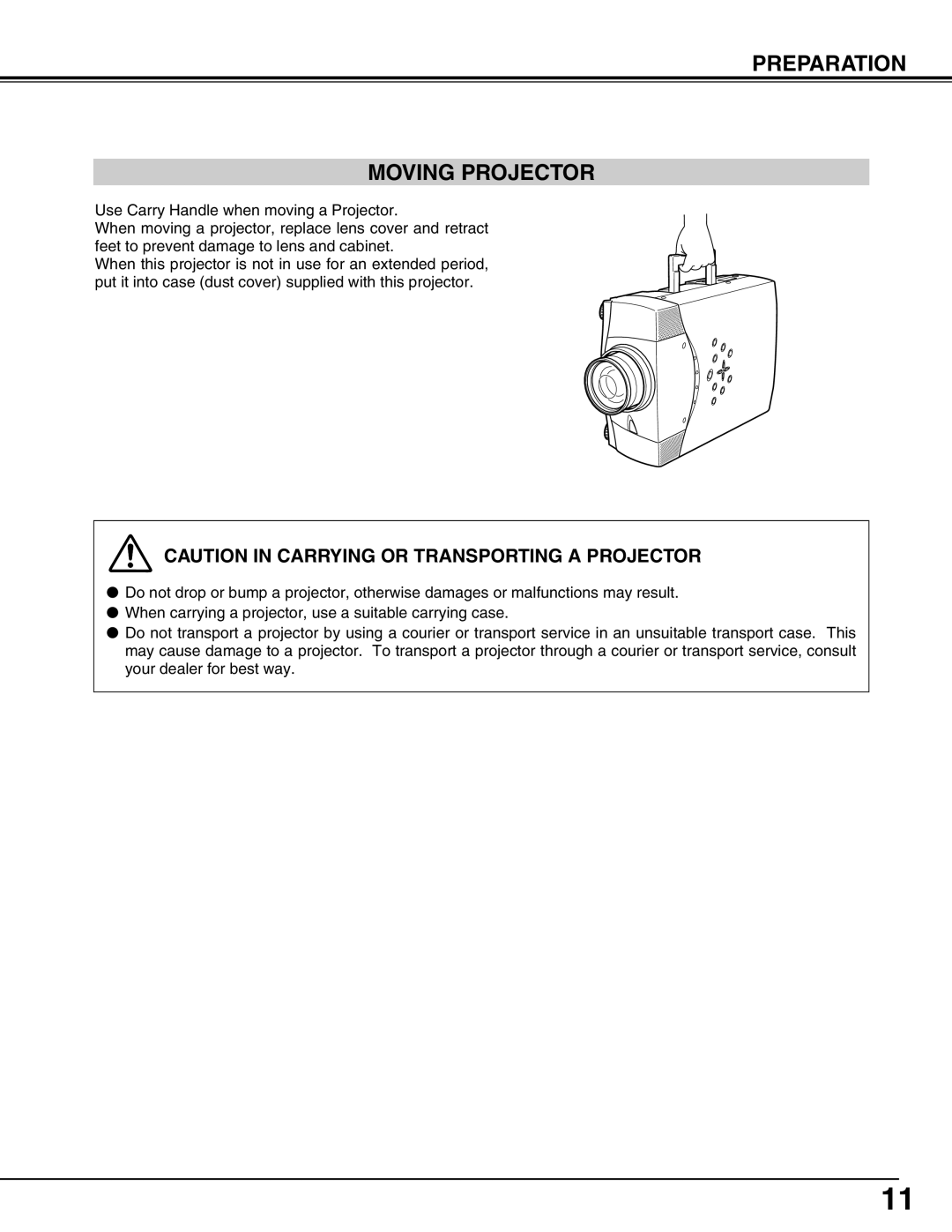 Sanyo PLC-XP55L owner manual Preparation Moving Projector, Caution In Carrying Or Transporting A Projector 