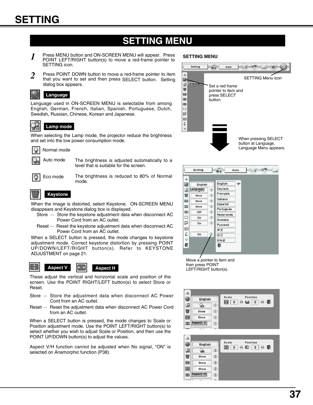 Sanyo PLC-XP55L owner manual Setting Menu 