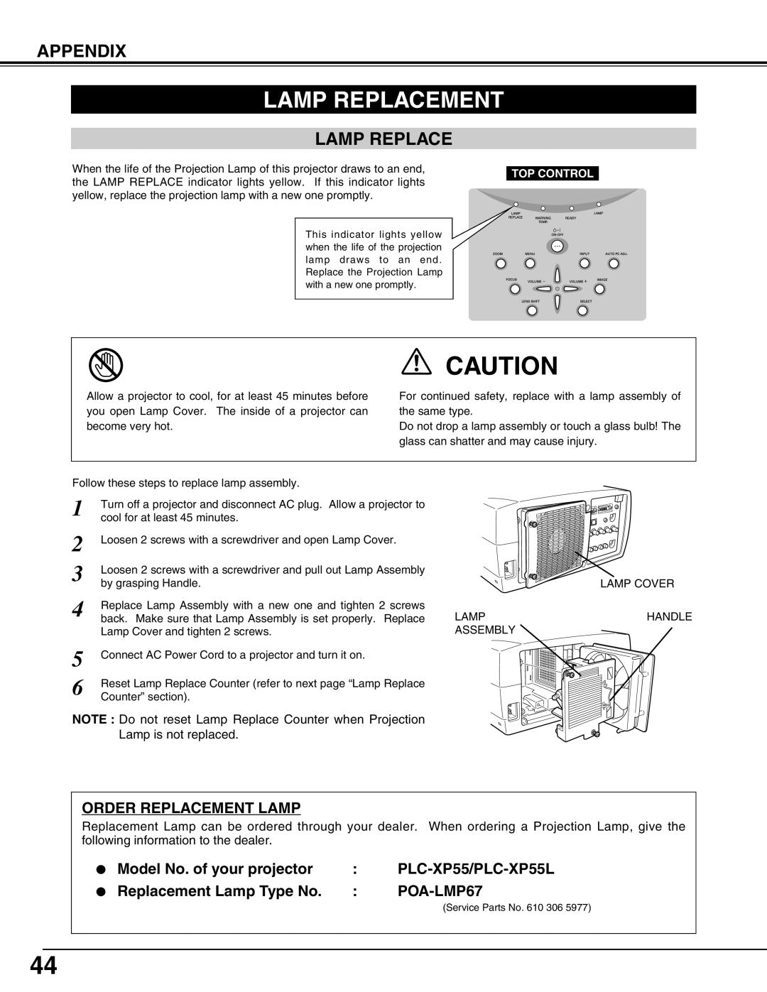 Sanyo PLC-XP55L owner manual Lamp Replacement, Appendix 