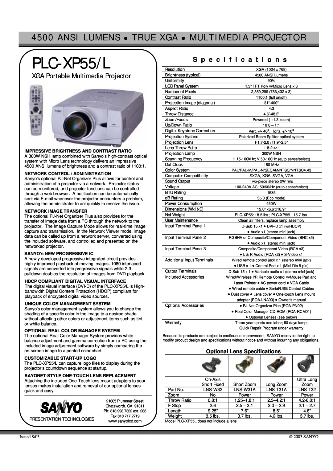 Sanyo PLC-XP55/L specifications XGA Portable Multimedia Projector, S p e c i f i c a t i o n s, Presentation Technologies 
