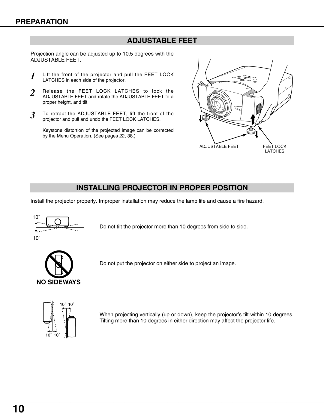 Sanyo PLC-XP57L owner manual Preparation Adjustable Feet, Installing Projector in Proper Position, No Sideways 