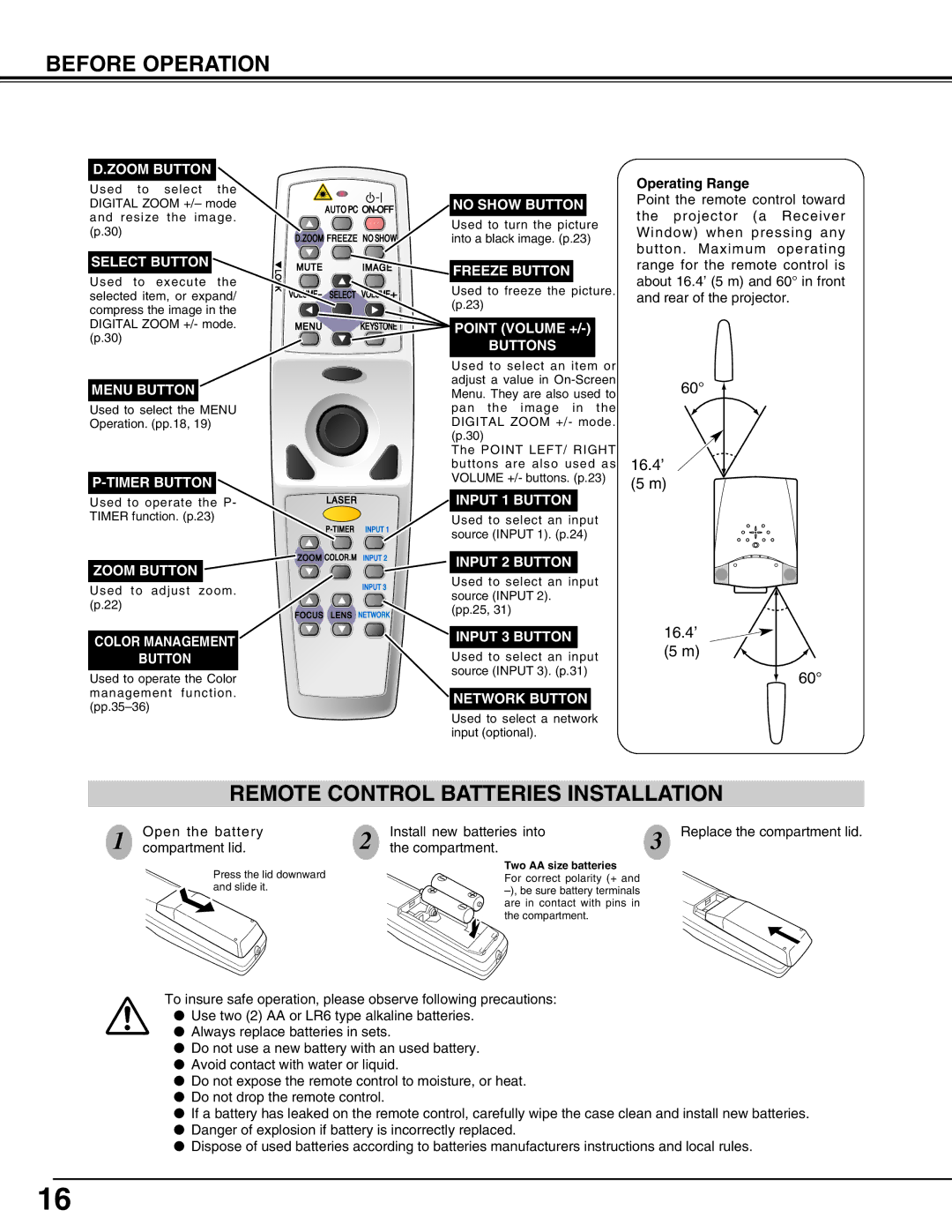 Sanyo PLC-XP57L owner manual Before Operation, Remote Control Batteries Installation 