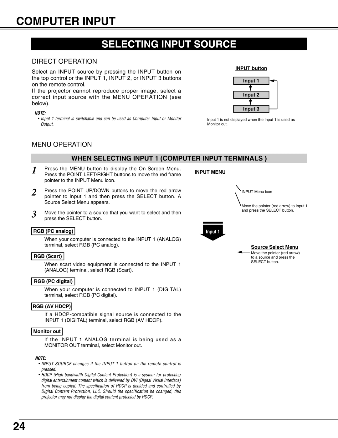 Sanyo PLC-XP57L owner manual Computer Input, Selecting Input Source, RGB AV Hdcp, Input Menu 