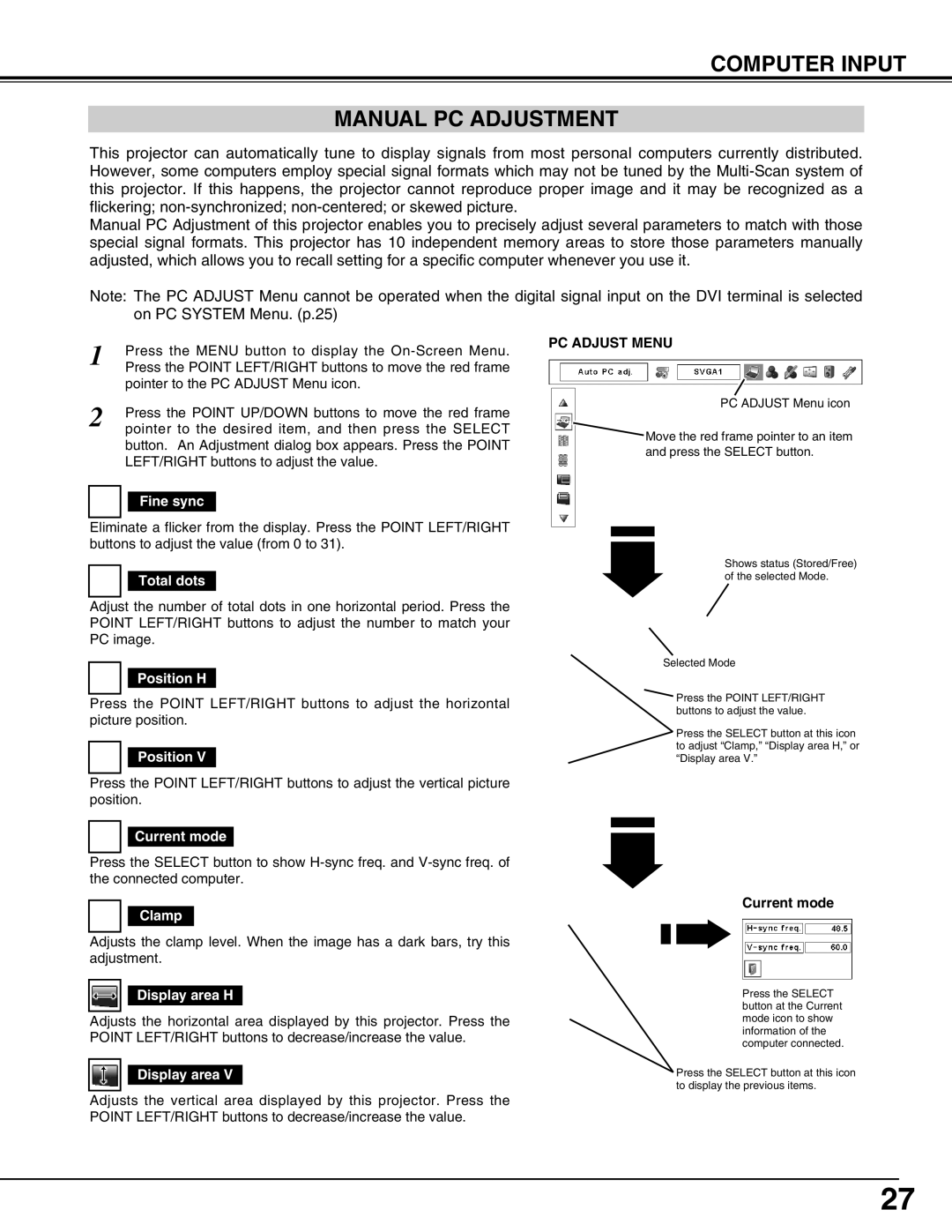 Sanyo PLC-XP57L owner manual Computer Input Manual PC Adjustment 