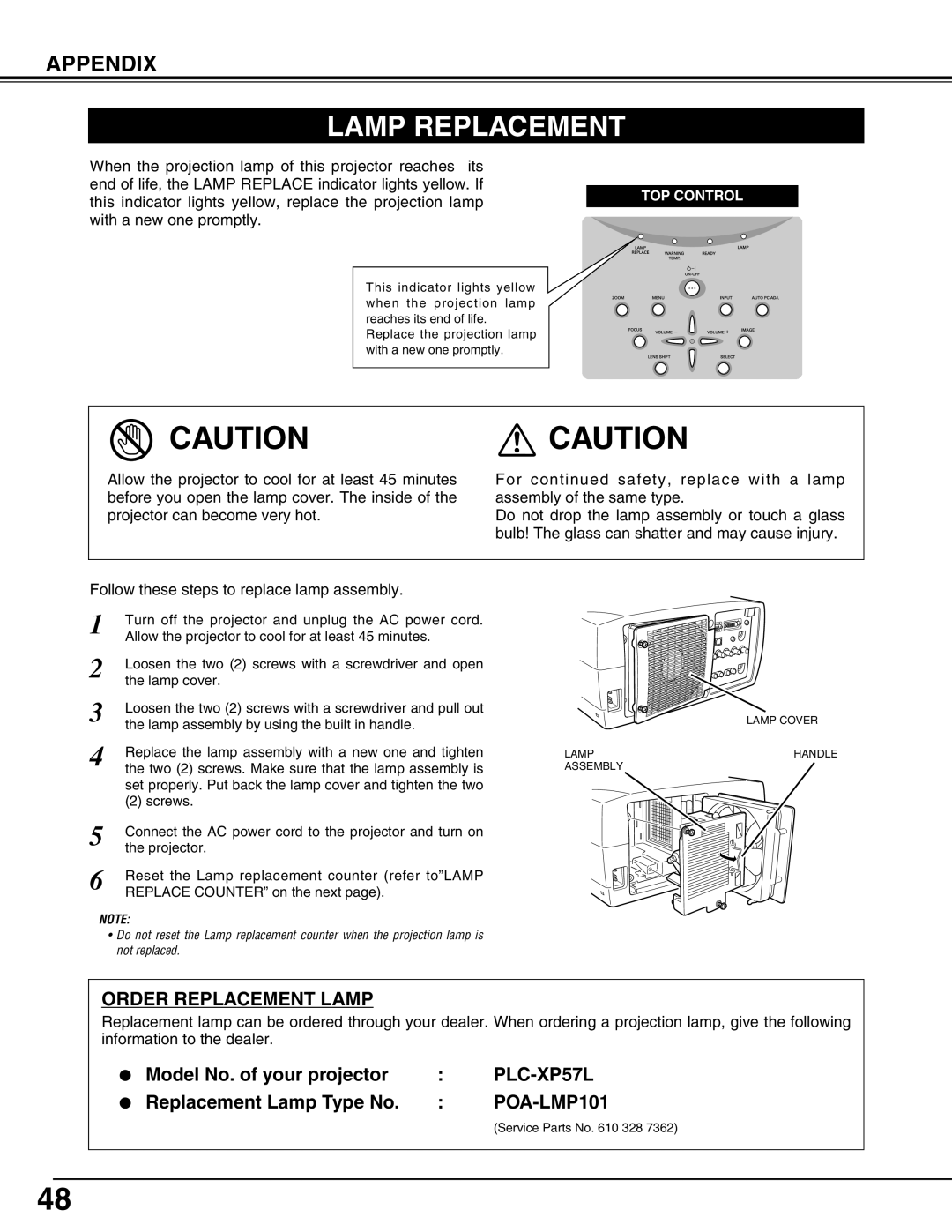 Sanyo PLC-XP57L owner manual Lamp Replacement, Order Replacement Lamp, POA-LMP101 