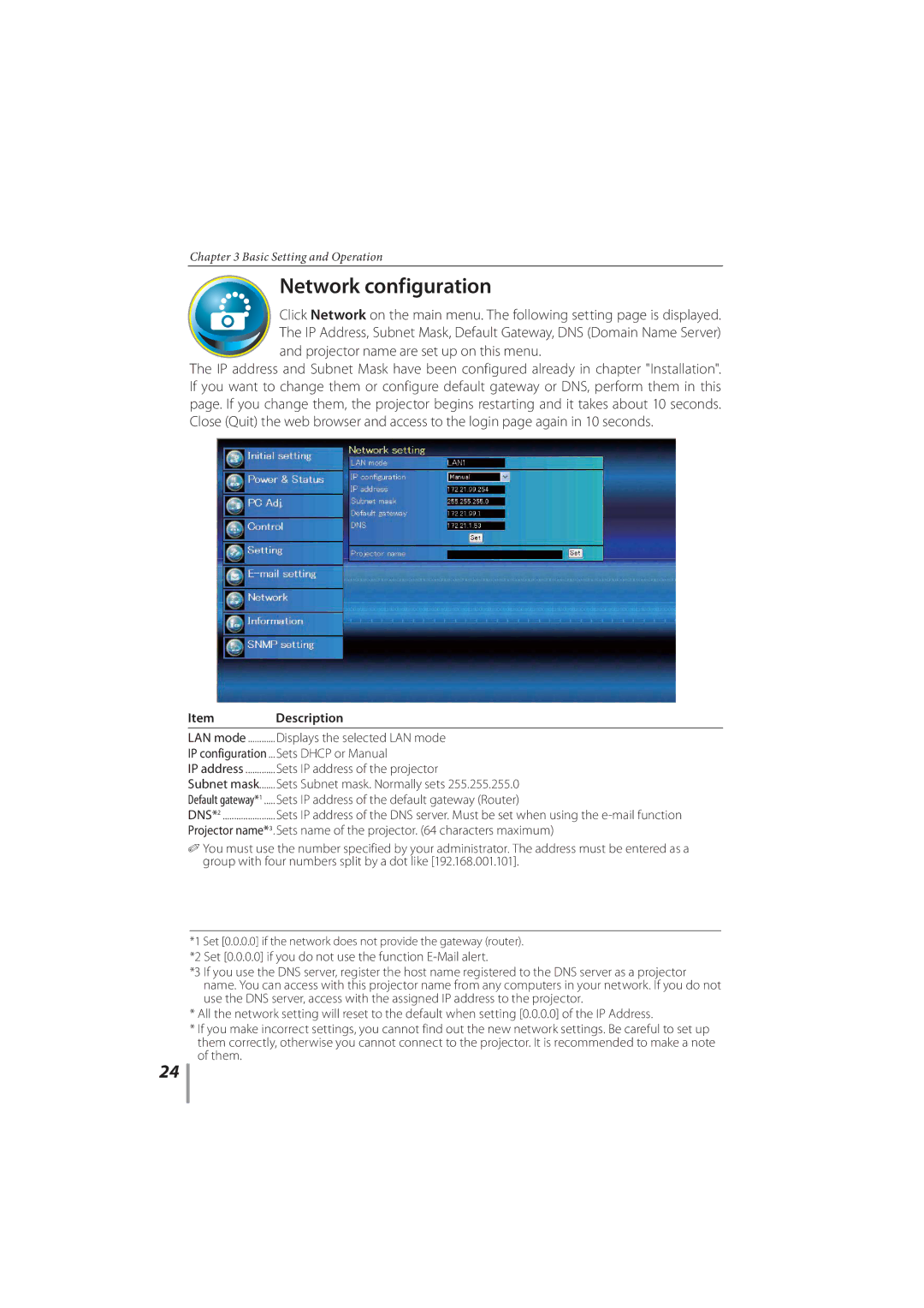 Sanyo PLC-XR201, PLC-XR251 owner manual Network configuration, Displays the selected LAN mode, Sets Dhcp or Manual 