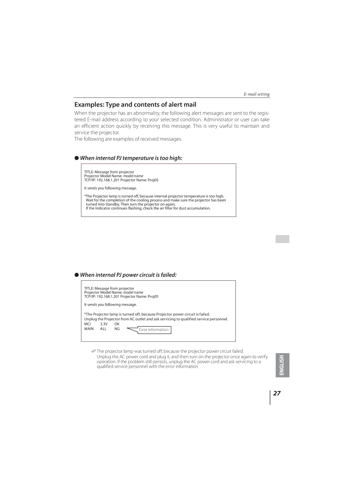 Sanyo PLC-XR251, PLC-XR201 owner manual Examples Type and contents of alert mail 