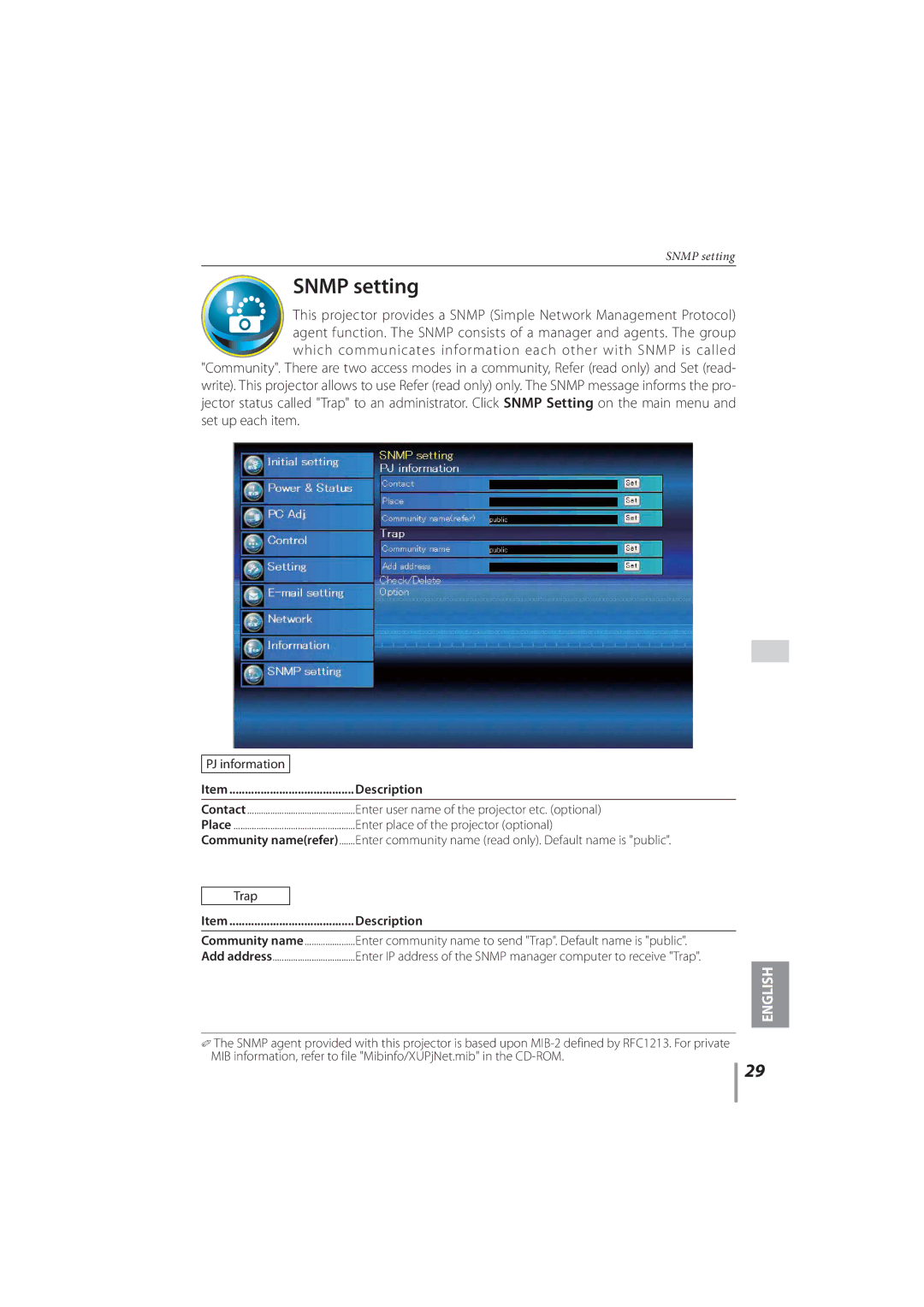 Sanyo PLC-XR251, PLC-XR201 owner manual Snmp setting 