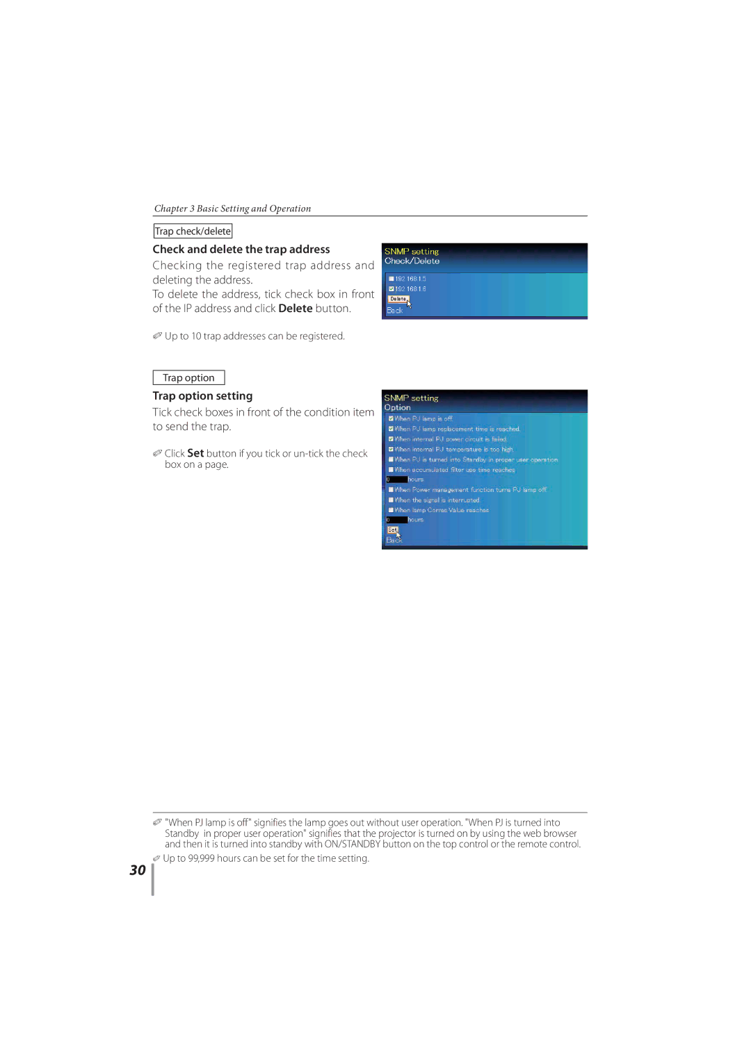 Sanyo PLC-XR201, PLC-XR251 owner manual Check and delete the trap address, Trap option setting, Trap check/delete 