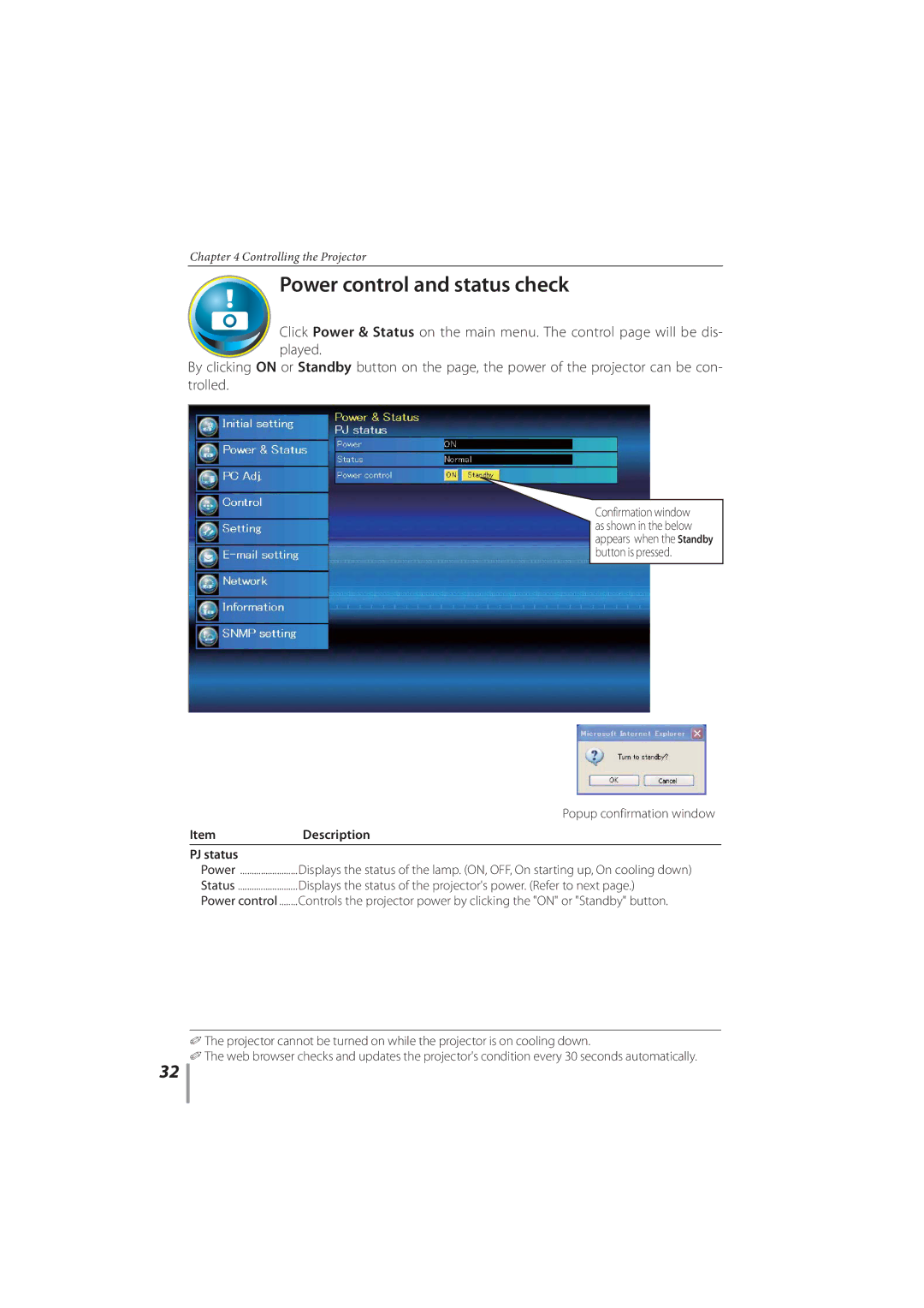 Sanyo PLC-XR201, PLC-XR251 owner manual Power control and status check, Popup confirmation window, PJ status 