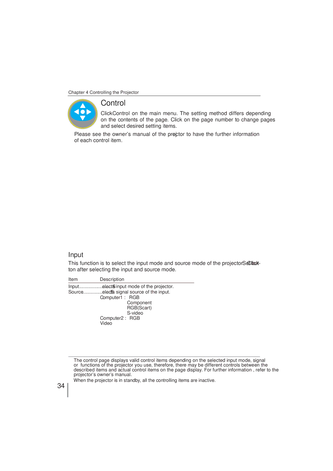 Sanyo PLC-XR201, PLC-XR251 owner manual Control, Input 