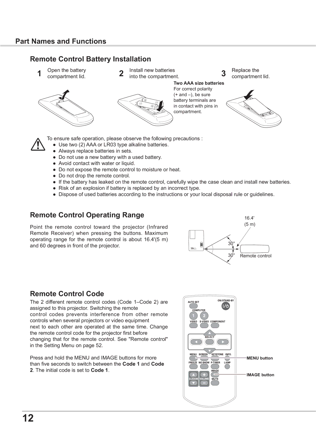 Sanyo PLC-XR251 Remote Control Operating Range, Remote Control Code, 3UHVVDQGKROGWKH018DQG,0$*EXWWRQVIRUPRUH 