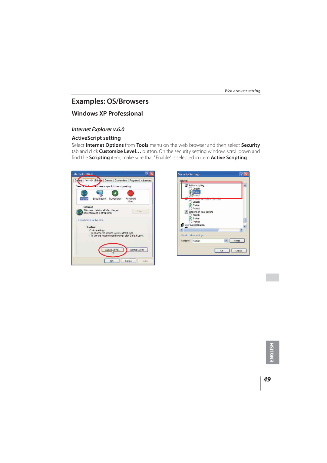 Sanyo PLC-XR251, PLC-XR201 Examples OS/Browsers, Windows XP Professional, Internet Explorer, ActiveScript setting 