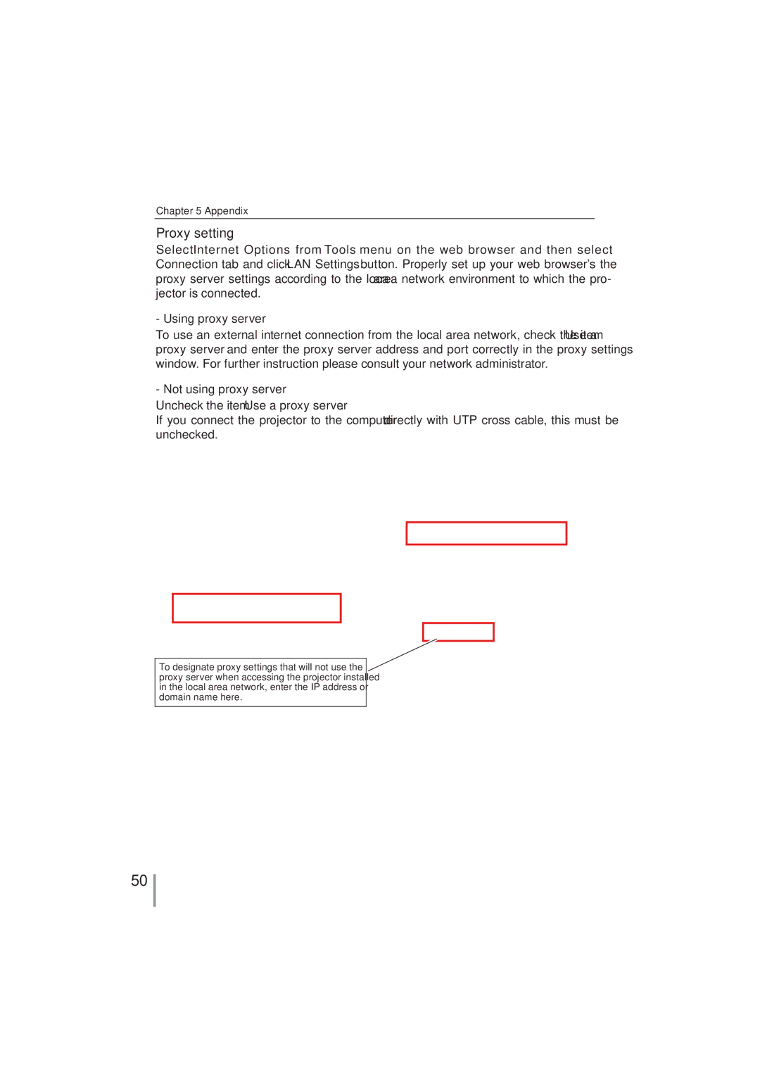 Sanyo PLC-XR201, PLC-XR251 owner manual Proxy setting, Using proxy server, Not using proxy server 