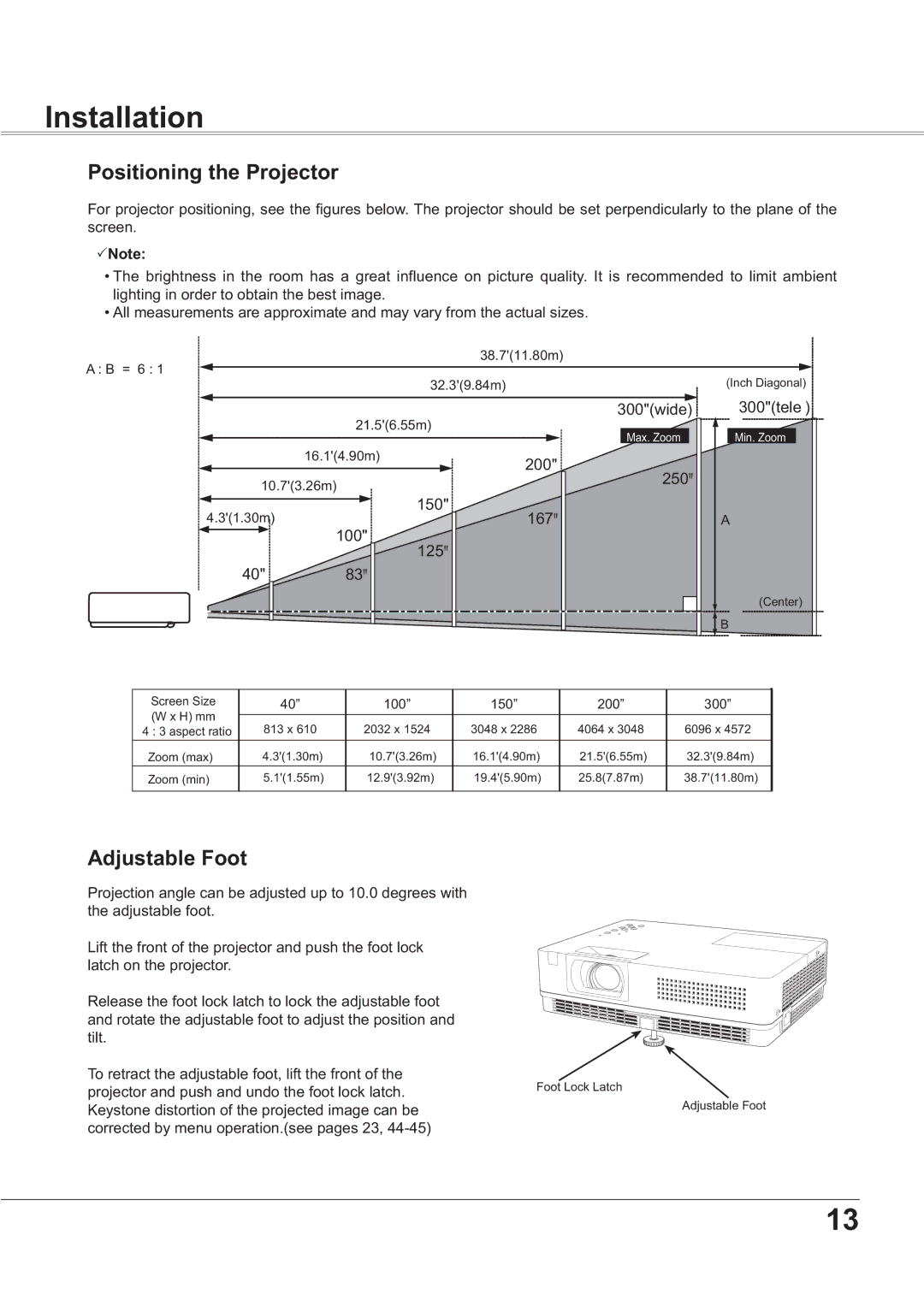 Sanyo PLC-XR201, PLC-XR251 owner manual Installation, Positioning the Projector, Adjustable Foot, 300wide 