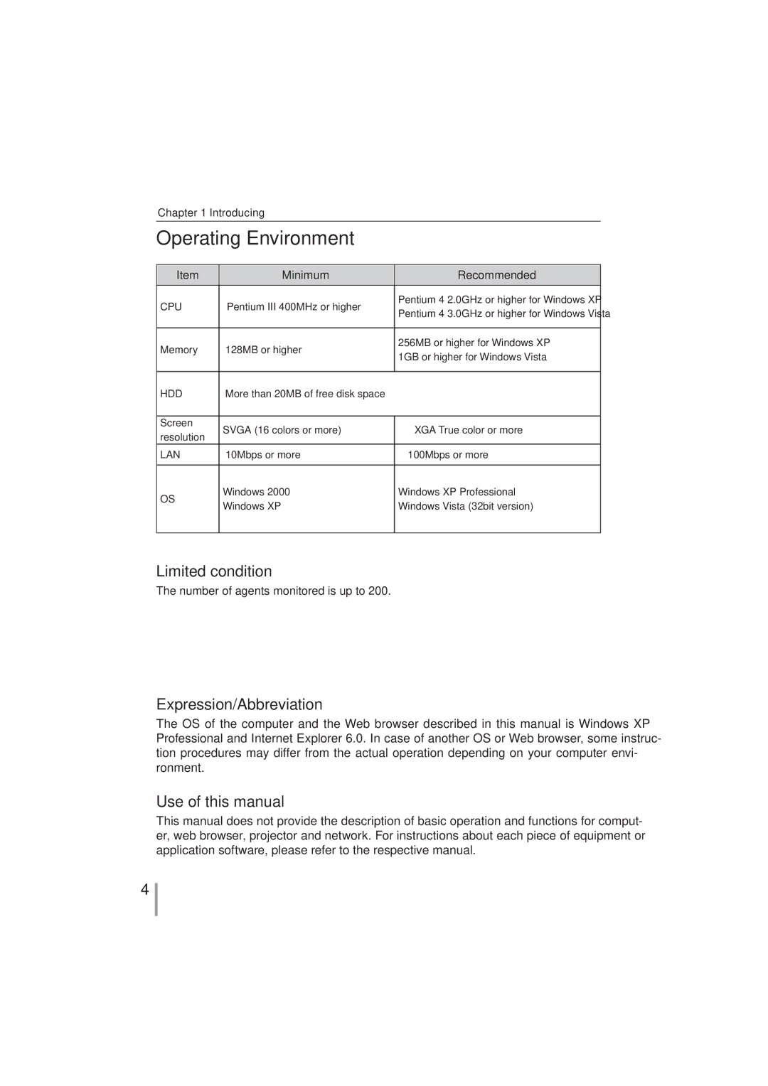 Sanyo PLC-XR201, PLC-XR251 owner manual Limited condition, Minimum Recommended, Cpu, Hdd, Lan 