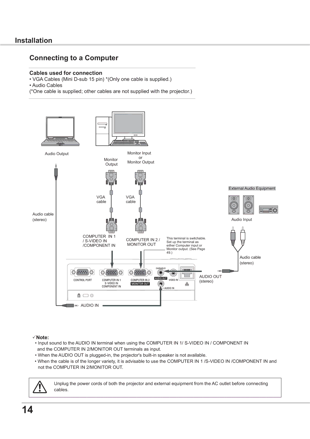 Sanyo PLC-XR251, PLC-XR201 owner manual Installation Connecting to a Computer, Cables used for connection 