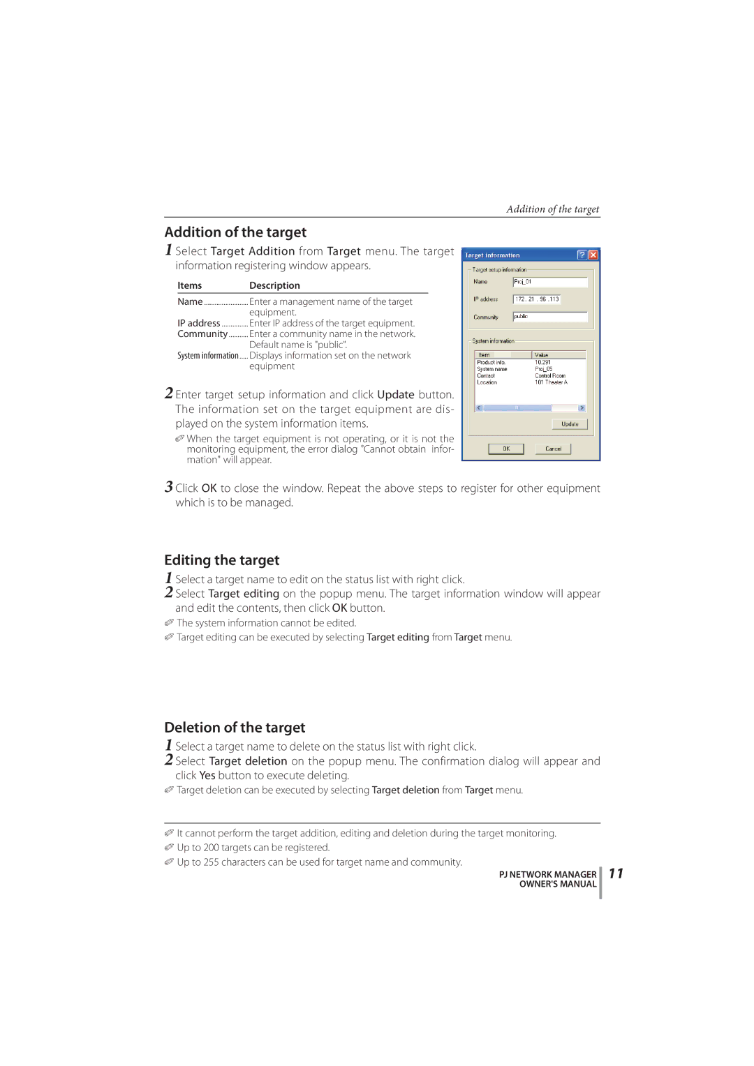 Sanyo PLC-XR251, PLC-XR201 owner manual Addition of the target, Editing the target, Deletion of the target 