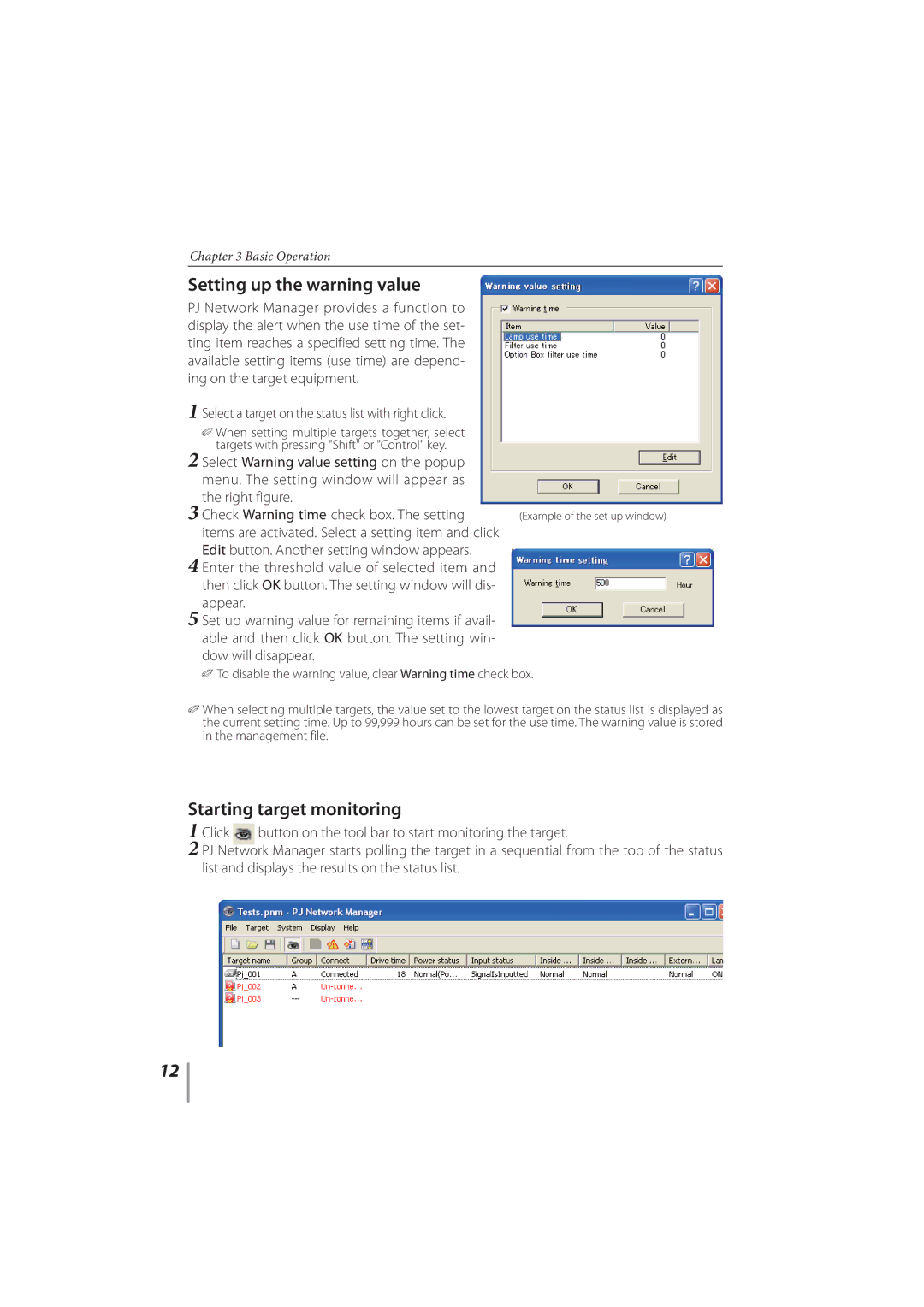 Sanyo PLC-XR201, PLC-XR251 owner manual Setting up the warning value, Starting target monitoring 