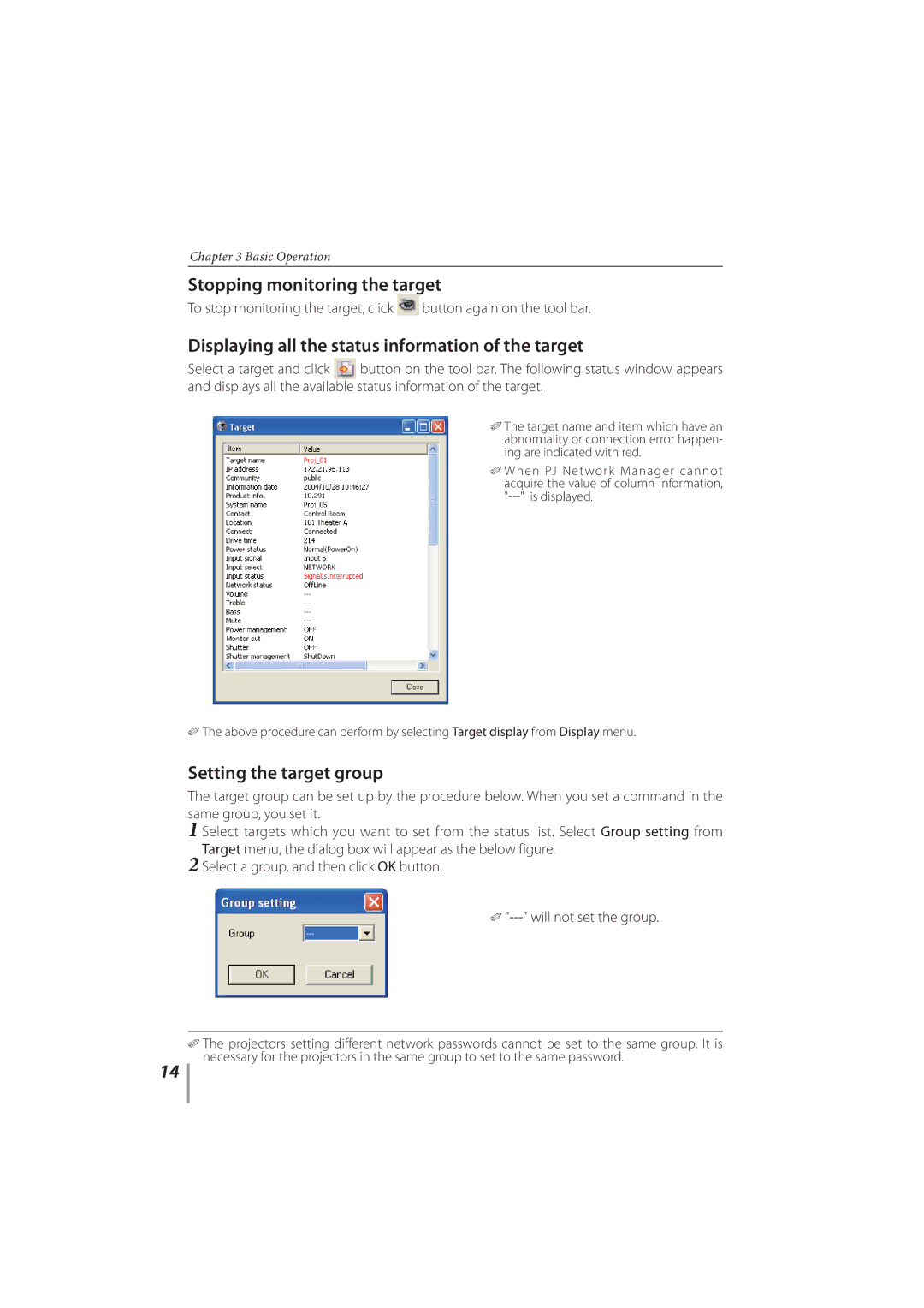 Sanyo PLC-XR201, PLC-XR251 owner manual Stopping monitoring the target, Displaying all the status information of the target 