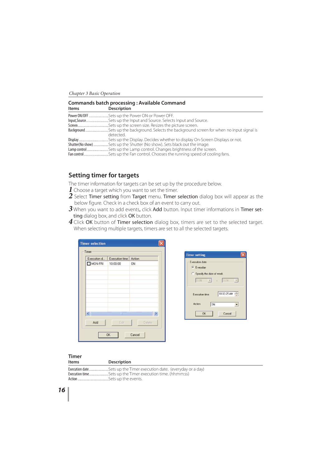 Sanyo PLC-XR201, PLC-XR251 owner manual Setting timer for targets, Commands batch processing Available Command, Timer 