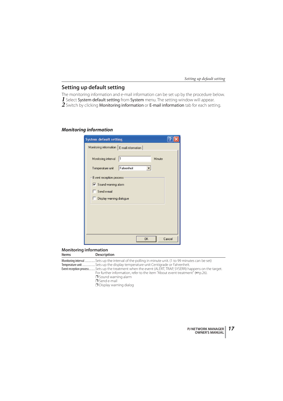 Sanyo PLC-XR251, PLC-XR201 owner manual Setting up default setting, Monitoring information 