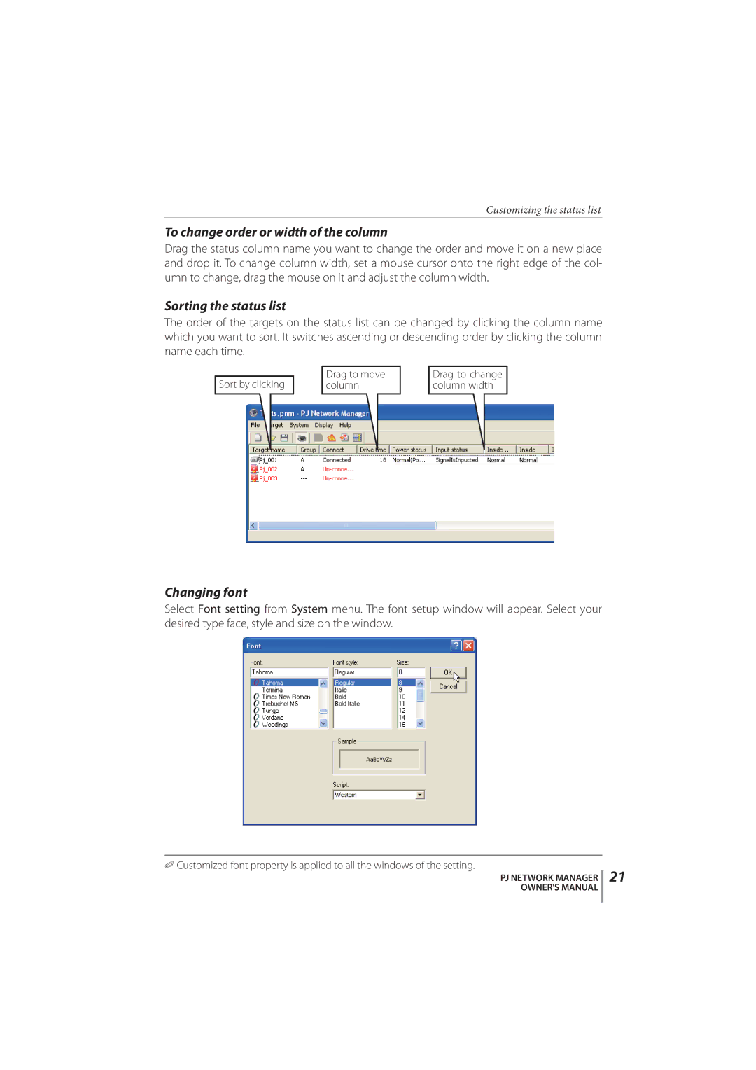 Sanyo PLC-XR251 To change order or width of the column, Sorting the status list, Changing font, Column Column width 