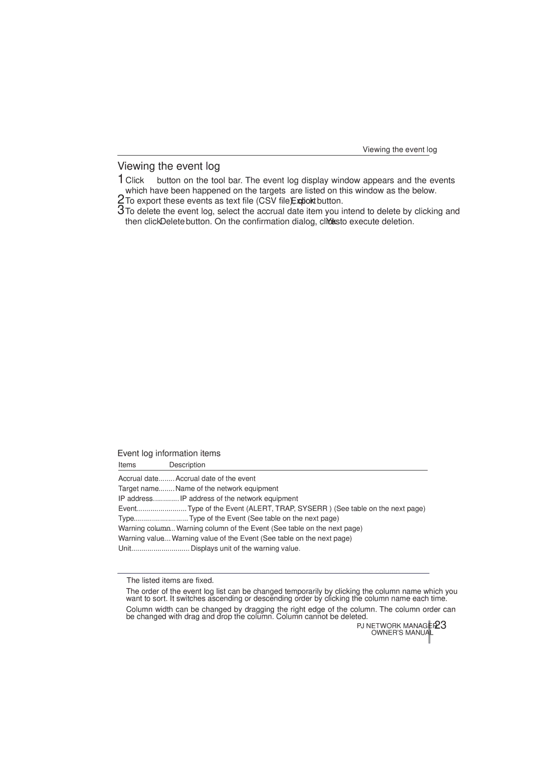 Sanyo PLC-XR251, PLC-XR201 owner manual Viewing the event log, Event log information items 