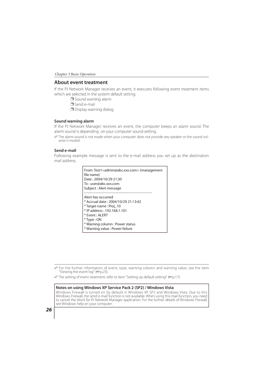 Sanyo PLC-XR201, PLC-XR251 owner manual About event treatment, Sound warning alarm, Send e-mail 