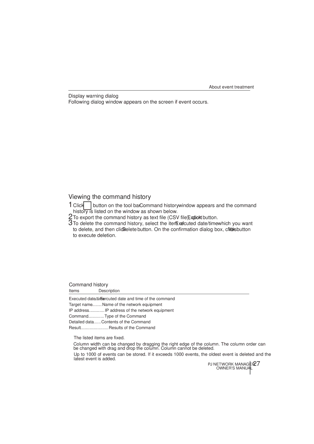 Sanyo PLC-XR251, PLC-XR201 owner manual Viewing the command history, Display warning dialog, Command history 