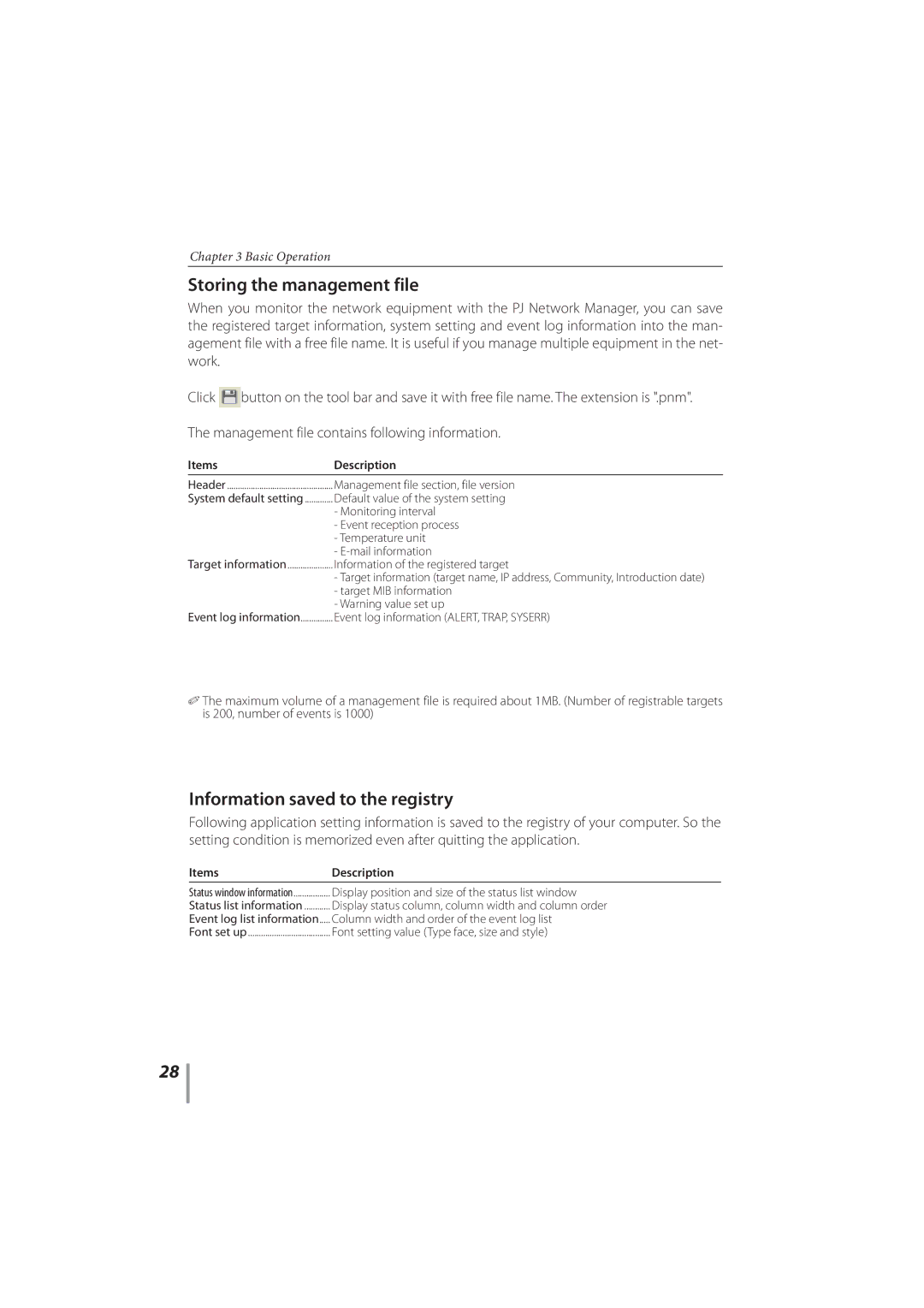 Sanyo PLC-XR201, PLC-XR251 owner manual Storing the management file, Information saved to the registry 