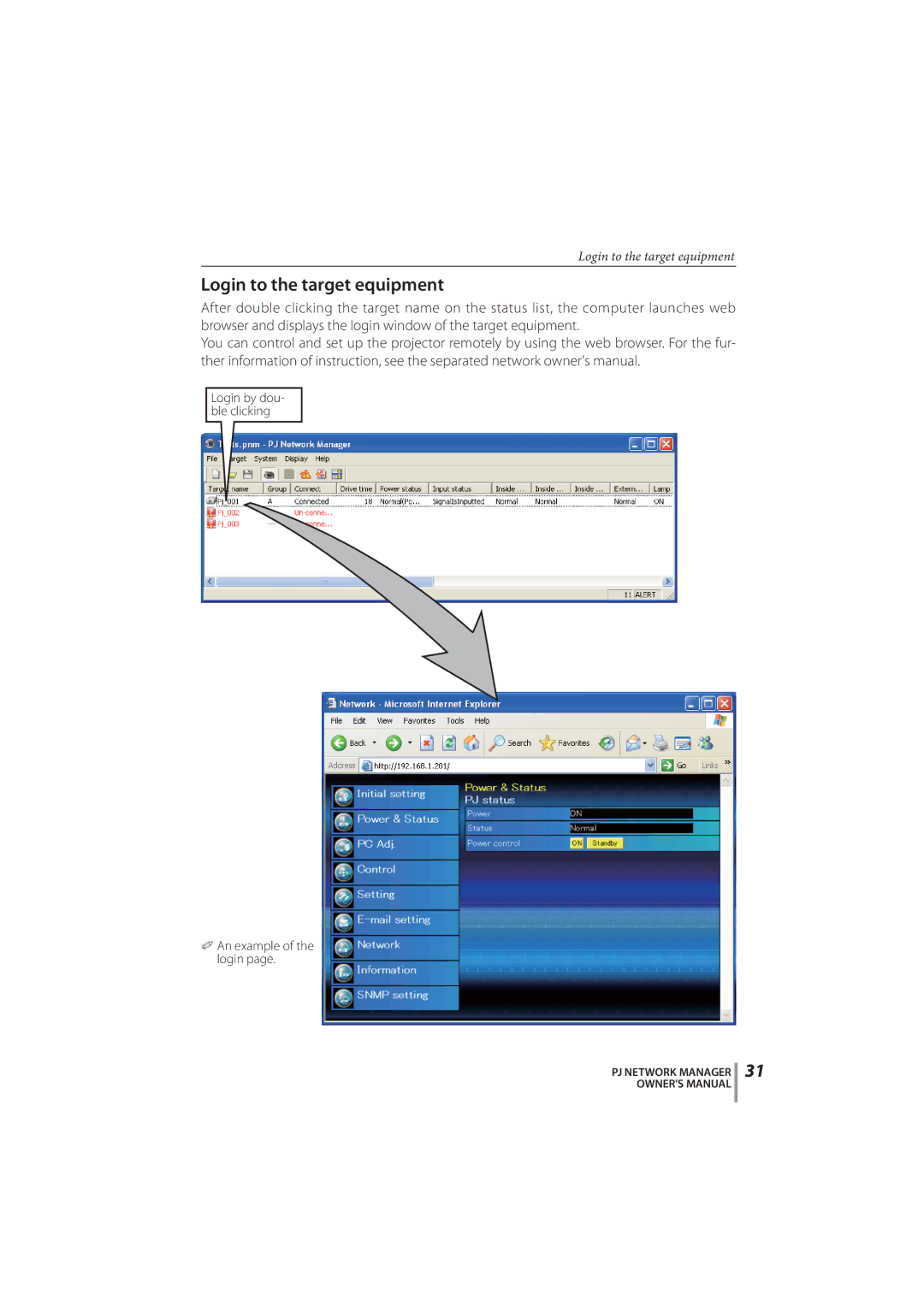 Sanyo PLC-XR251, PLC-XR201 owner manual Login to the target equipment, Login by dou- ble clicking An example of the login 