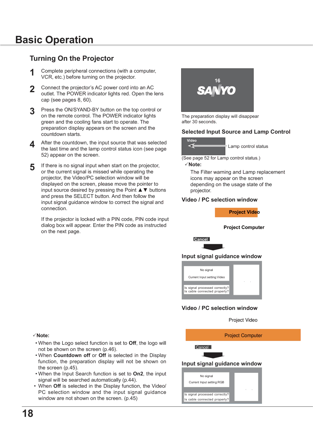 Sanyo PLC-XR251, PLC-XR201 owner manual Basic Operation, Turning On the Projector, Selected Input Source and Lamp Control 