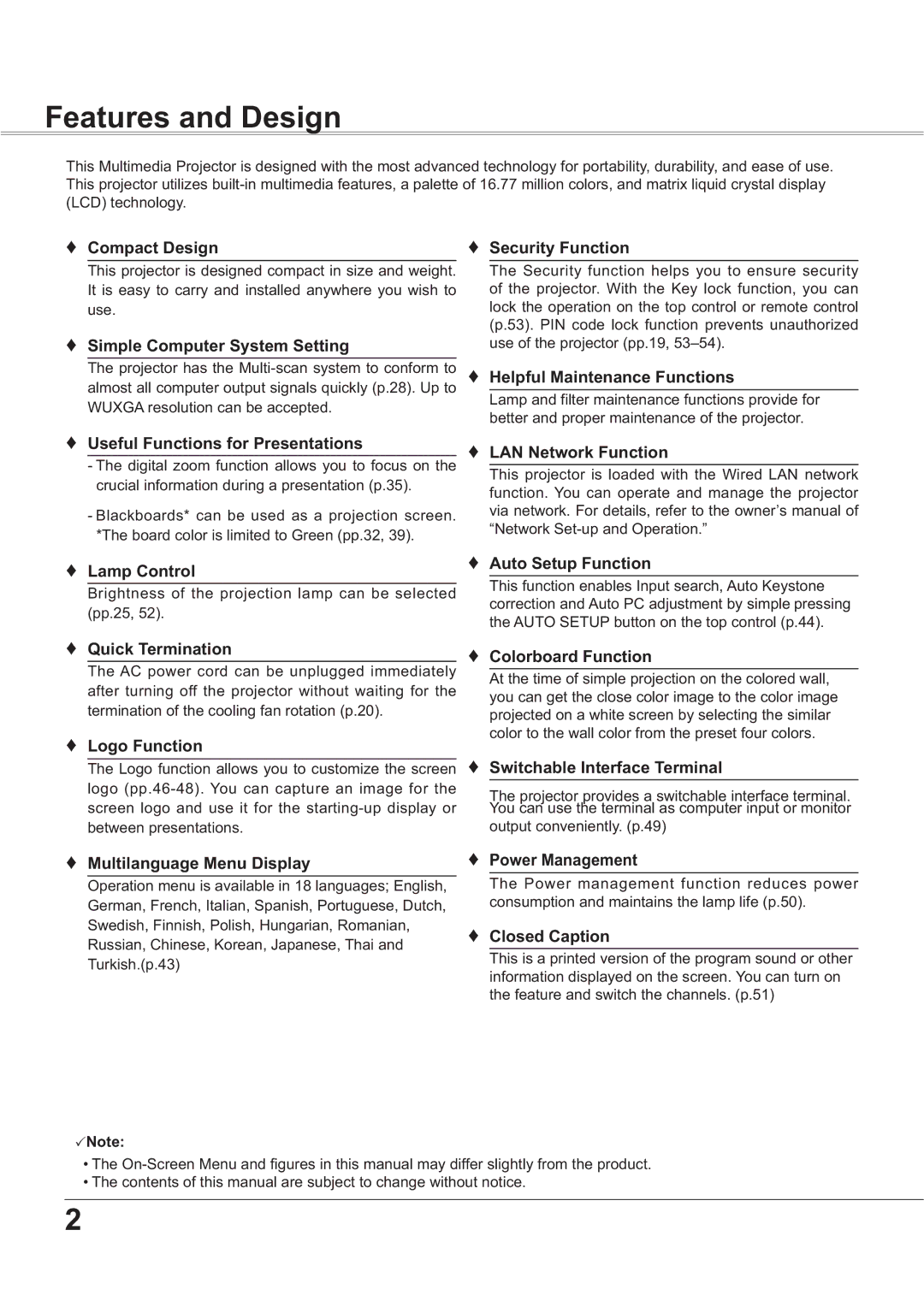 Sanyo PLC-XR251, PLC-XR201 owner manual Features and Design 