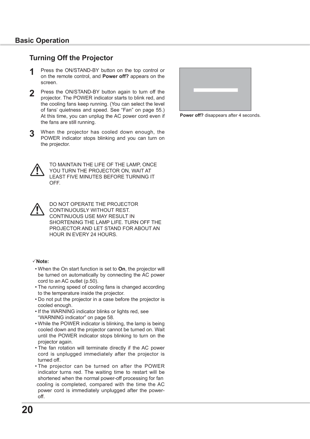 Sanyo PLC-XR251 Basic Operation Turning Off the Projector, 3UHVV WKH 2167$1% EXWWRQ DJDLQ WR WXUQ RII WKH 