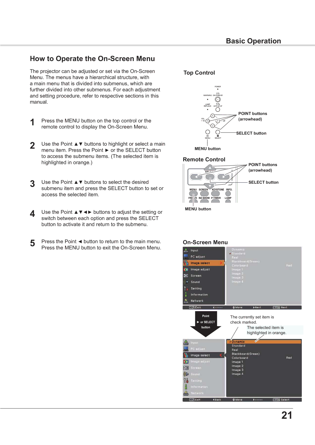 Sanyo PLC-XR201, PLC-XR251 owner manual Basic Operation How to Operate the On-Screen Menu, Top Control, Remote Control 