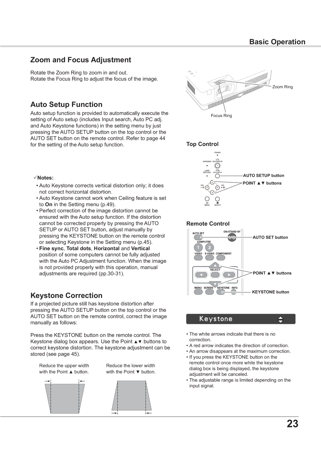 Sanyo PLC-XR201, PLC-XR251 Basic Operation Zoom and Focus Adjustment, Auto Setup Function, Keystone Correction, 3Notes 