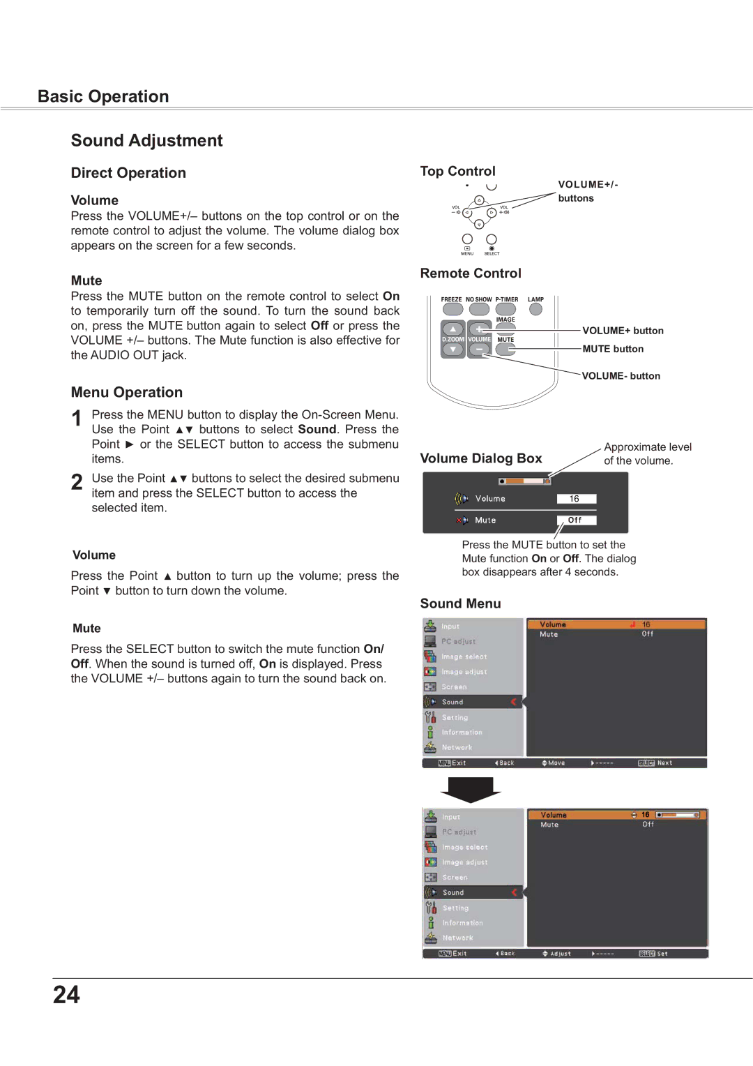 Sanyo PLC-XR251, PLC-XR201 owner manual Basic Operation Sound Adjustment, Direct Operation, Menu Operation 