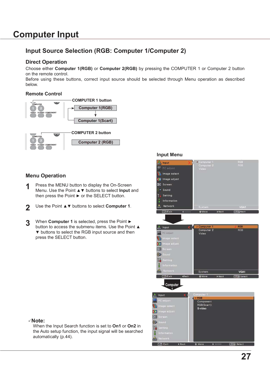 Sanyo PLC-XR201, PLC-XR251 owner manual Computer Input, Input Source Selection RGB Computer 1/Computer, 3Note, Input Menu 