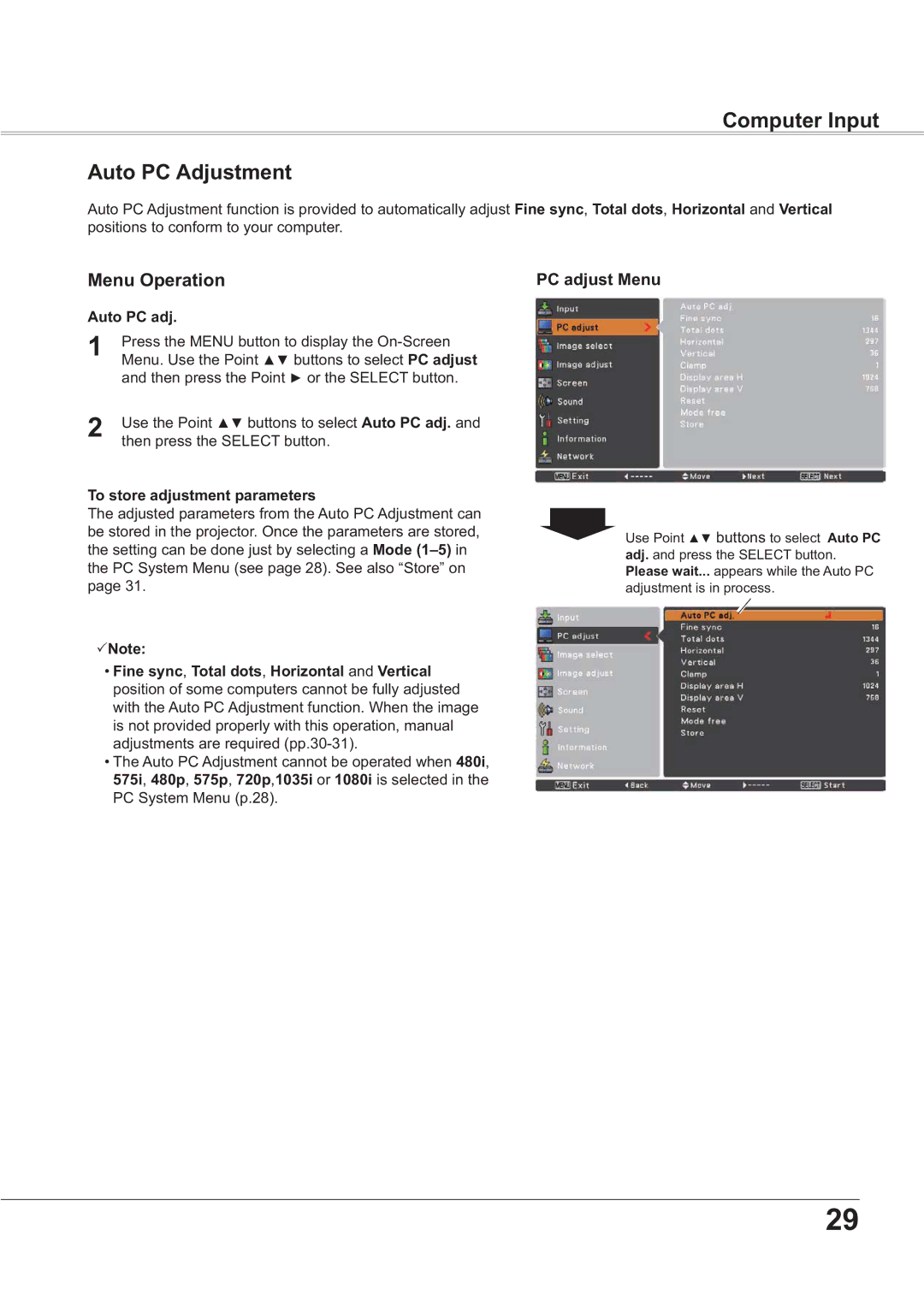 Sanyo PLC-XR201, PLC-XR251 owner manual Computer Input Auto PC Adjustment, PC adjust Menu, Auto PC adj 