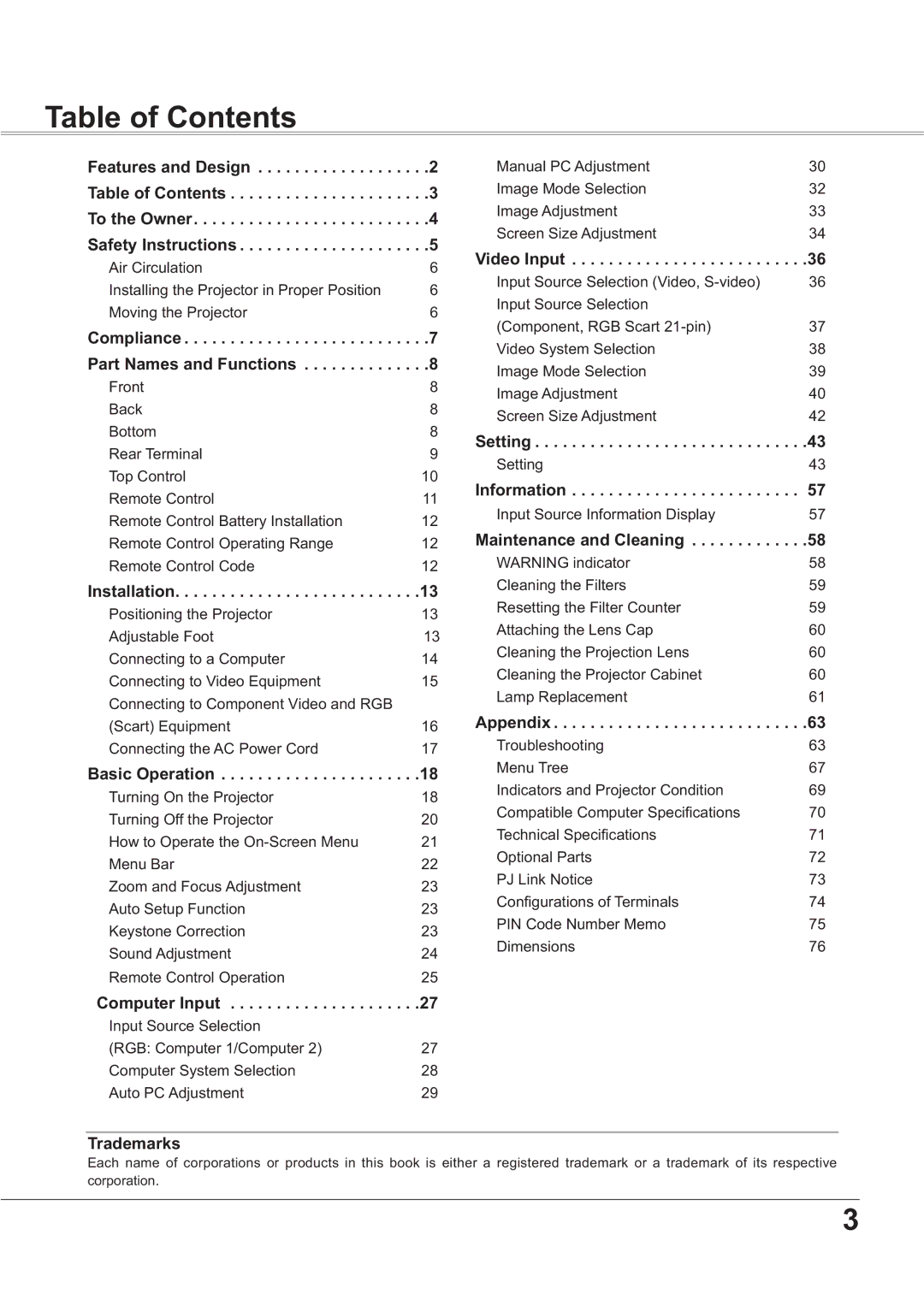 Sanyo PLC-XR201, PLC-XR251 owner manual Table of Contents 