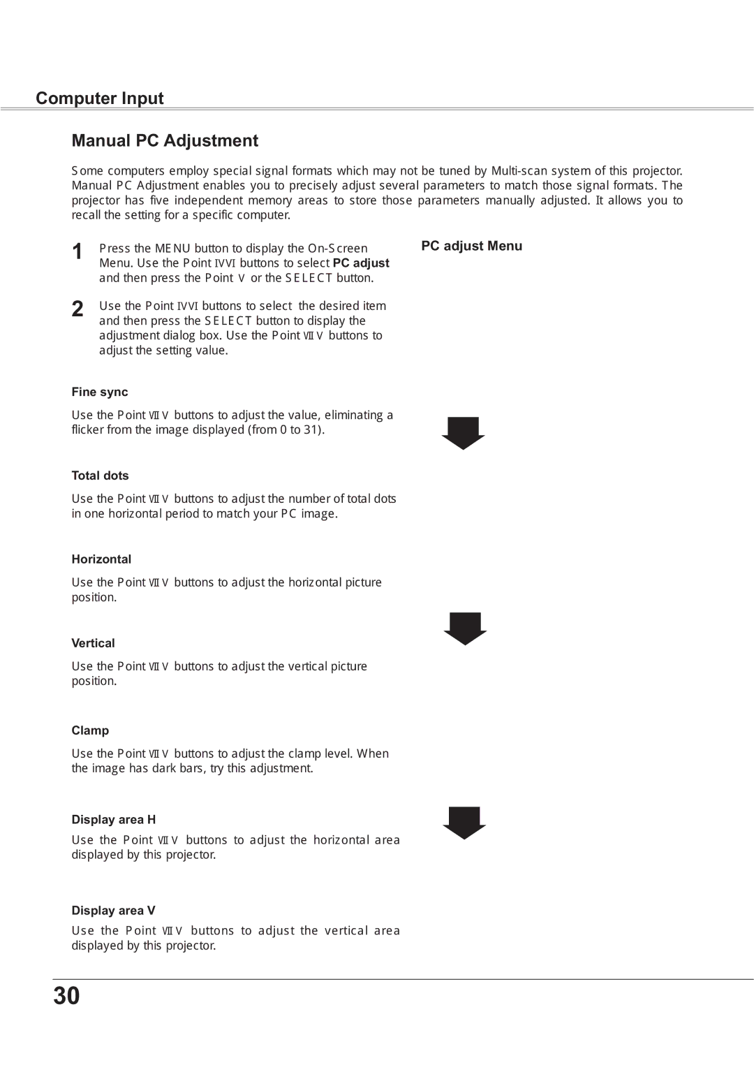 Sanyo PLC-XR251, PLC-XR201 owner manual Computer Input Manual PC Adjustment 