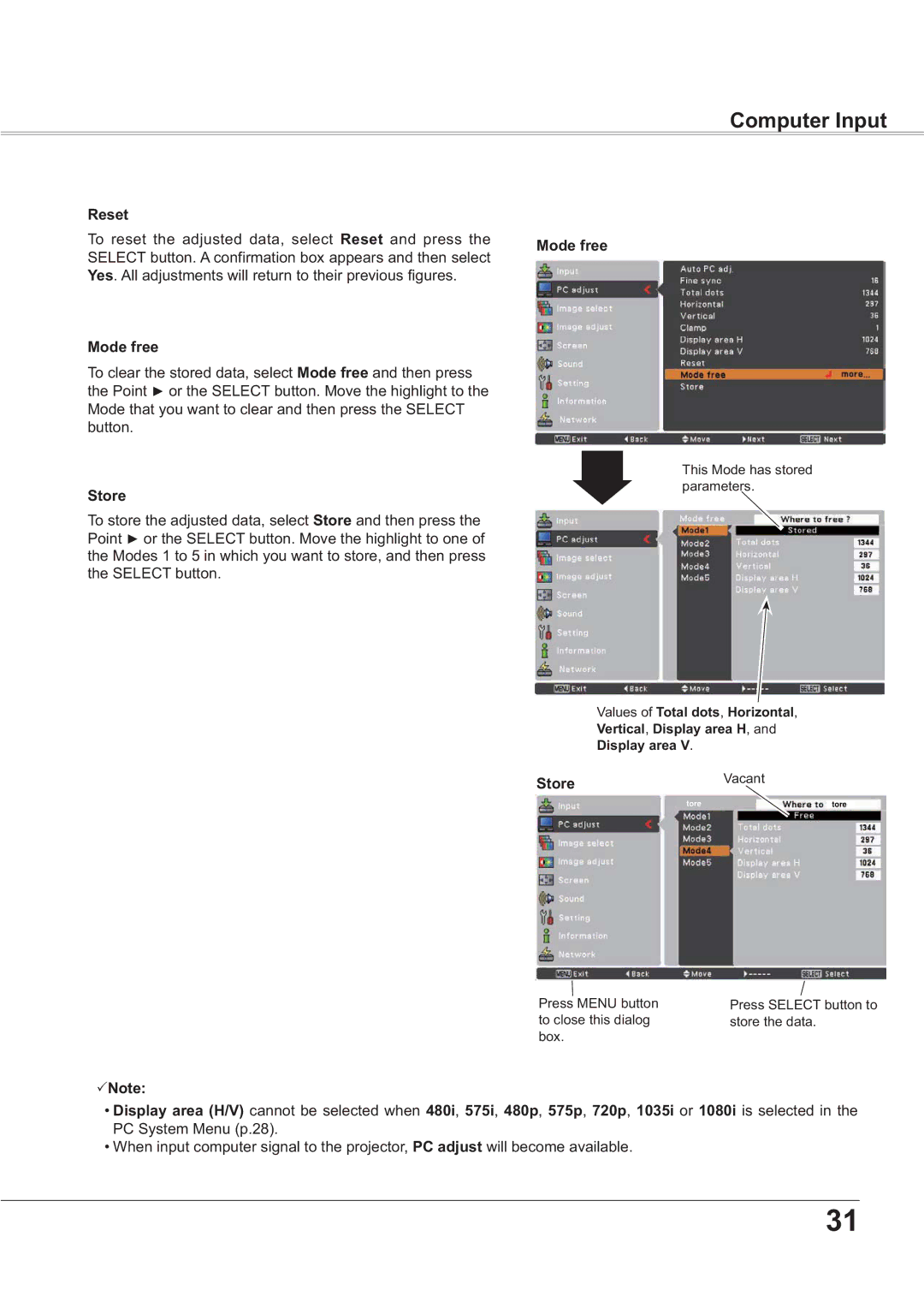 Sanyo PLC-XR201, PLC-XR251 owner manual Computer Input, Reset, Mode free, Store9DFDQW 