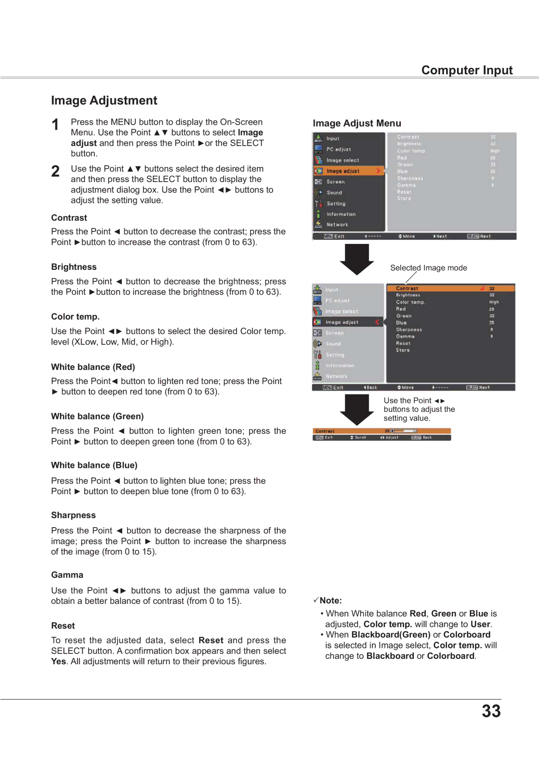 Sanyo PLC-XR201, PLC-XR251 owner manual Computer Input Image Adjustment, Image Adjust Menu 