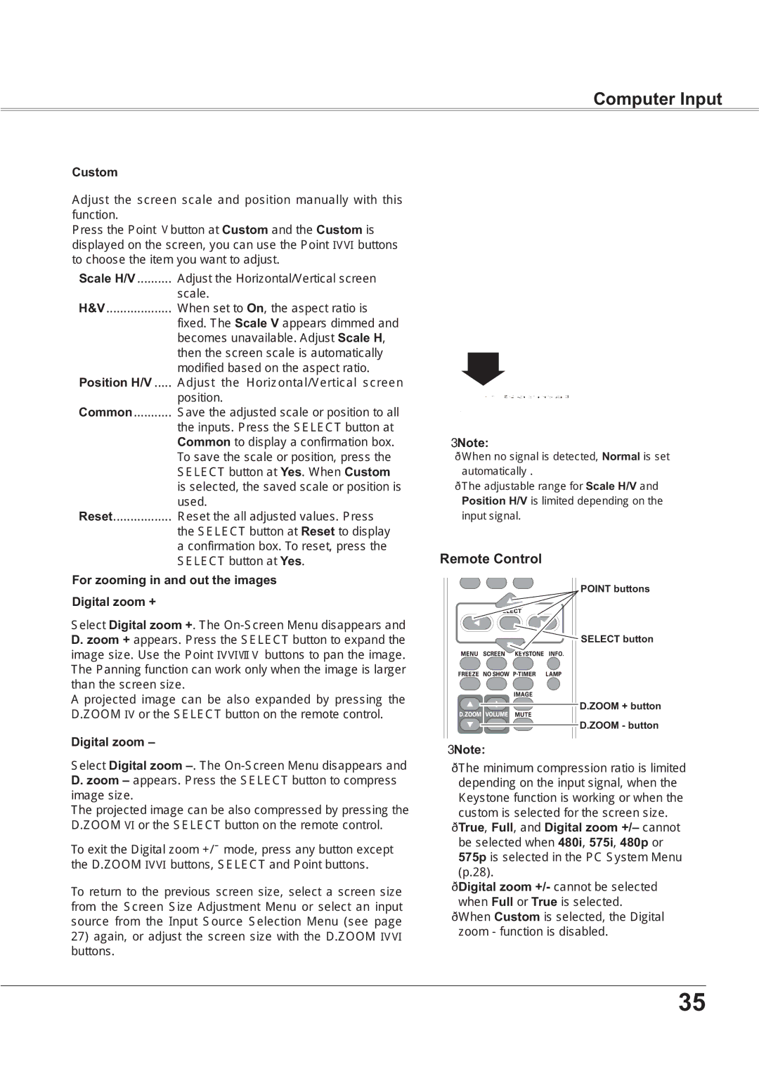 Sanyo PLC-XR201, PLC-XR251 owner manual Custom, For zooming in and out the images Digital zoom + 