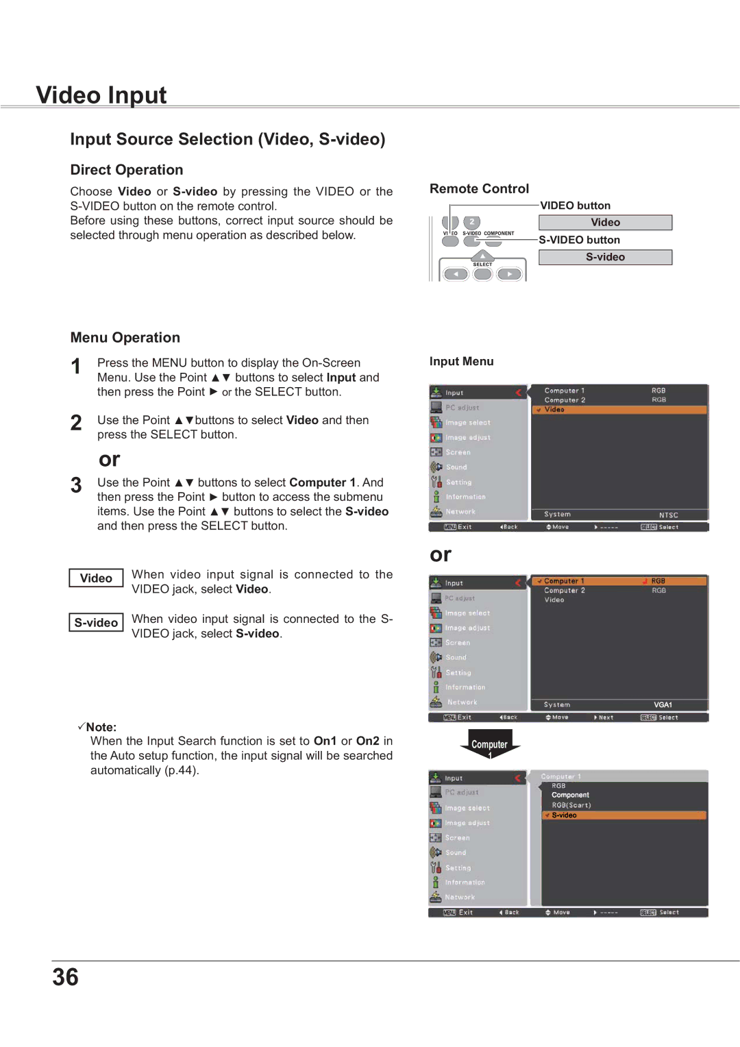 Sanyo PLC-XR251, PLC-XR201 Video Input, Input Source Selection Video, S-video, SUHVVWKH6/&7EXWWRQ, Input Menu 