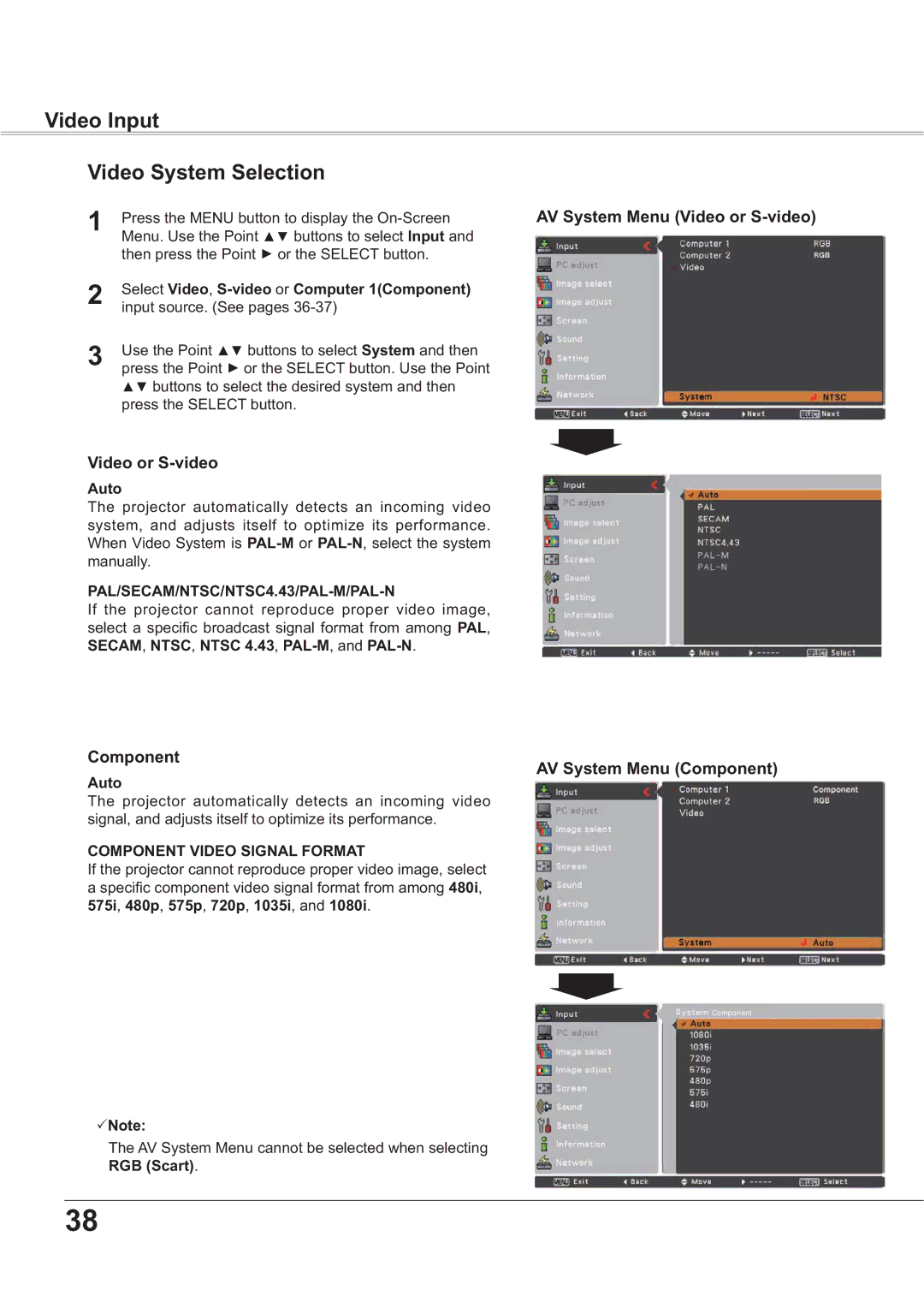 Sanyo PLC-XR251, PLC-XR201 owner manual Video Input Video System Selection, Video or S-video, AV System Menu Component 