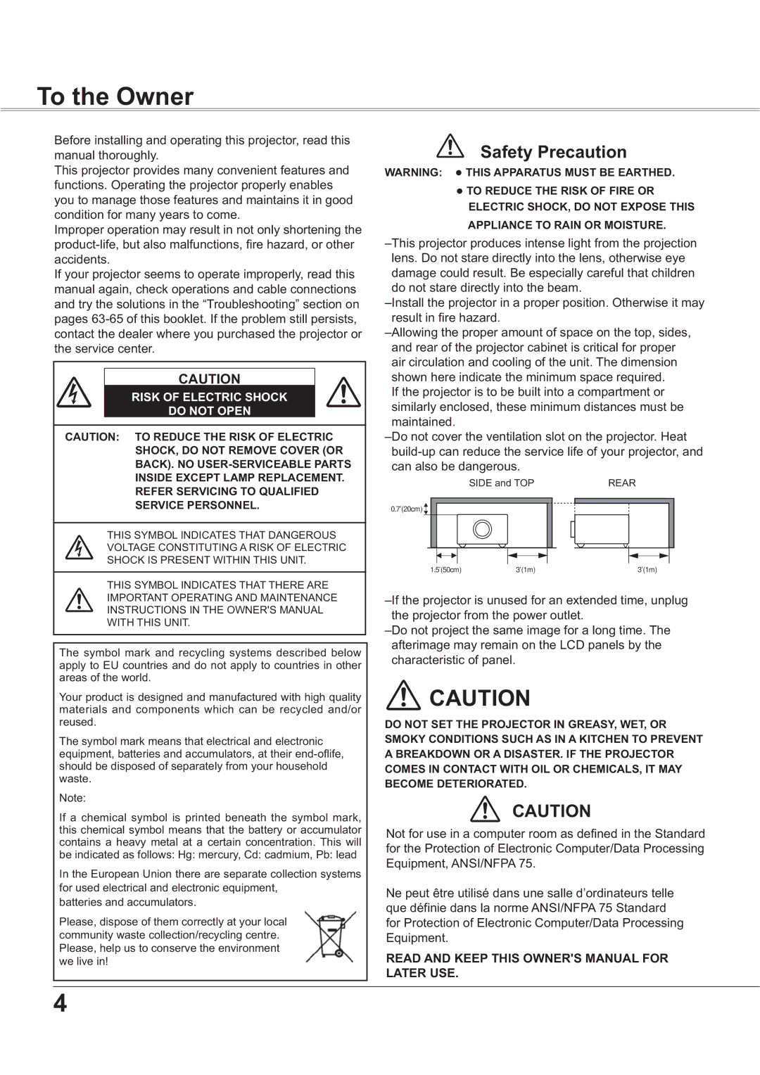 Sanyo PLC-XR251, PLC-XR201 owner manual To the Owner 